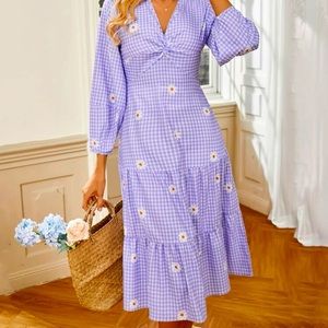 Gingham & Floral Front Twist Dress Shein size S